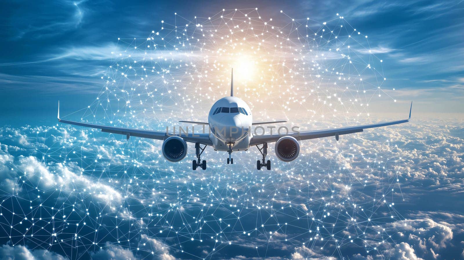 Passenger airplane flying above the clouds with a network connection surrounding it