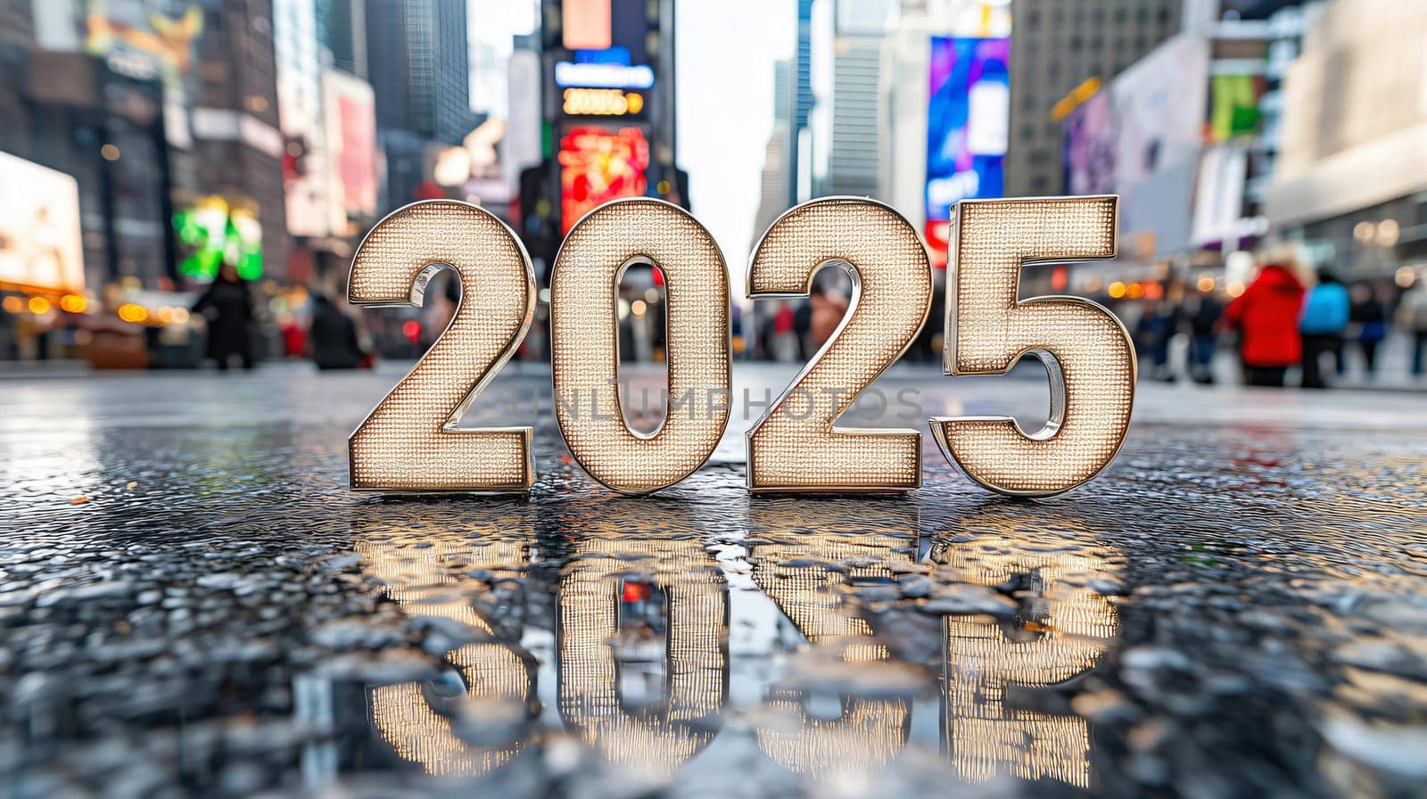 Large illuminated numerals 2025 celebrating the new year in times square new york city with blurry people in the background