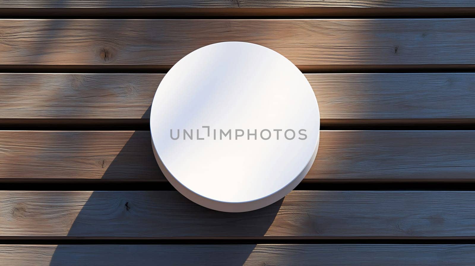 Round white empty signboard is hanging on a wooden wall with sunlight, creating a cozy and inviting atmosphere