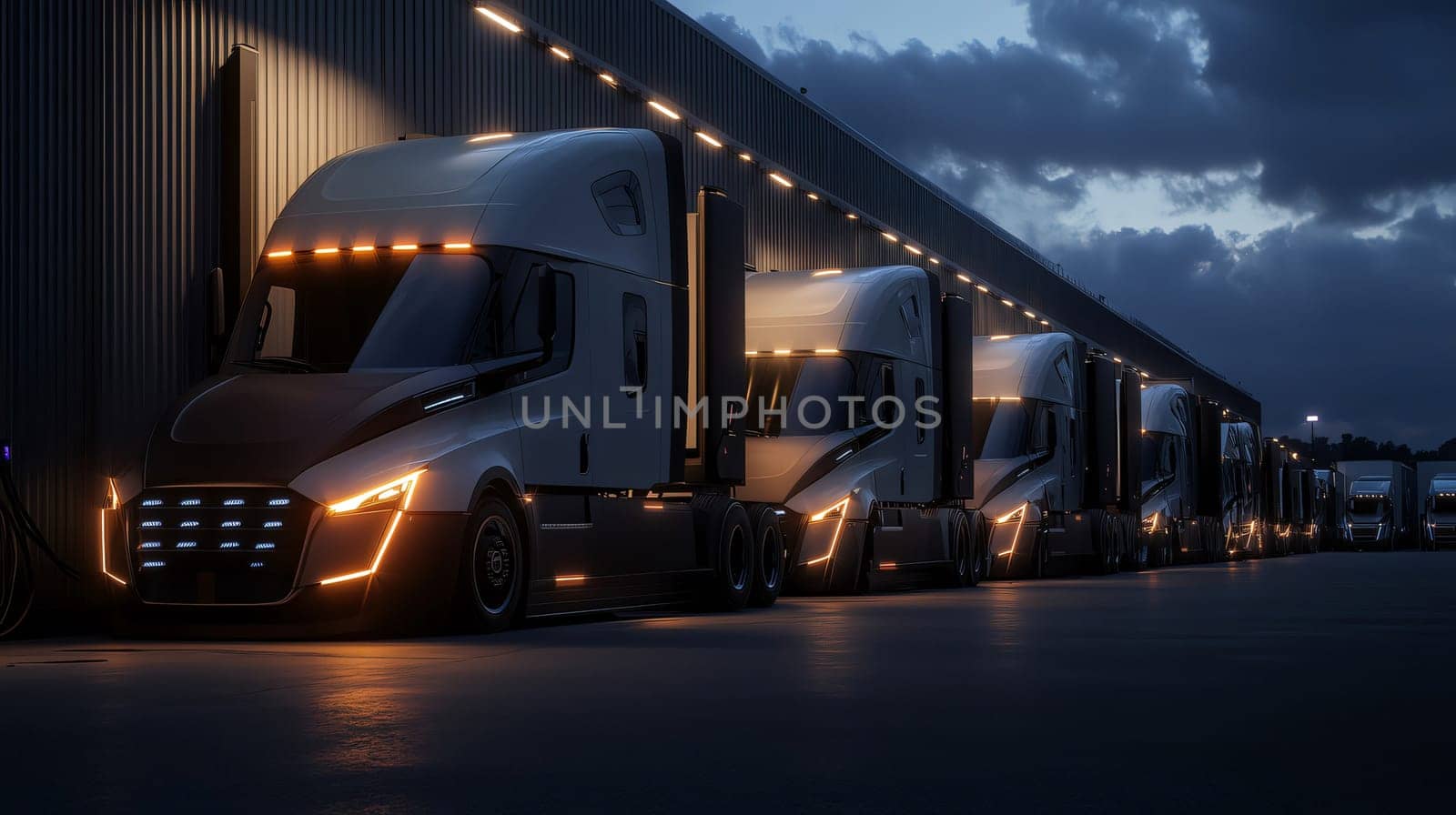Row of generic brand electric semi trucks charging at an industrial warehouse depot at night