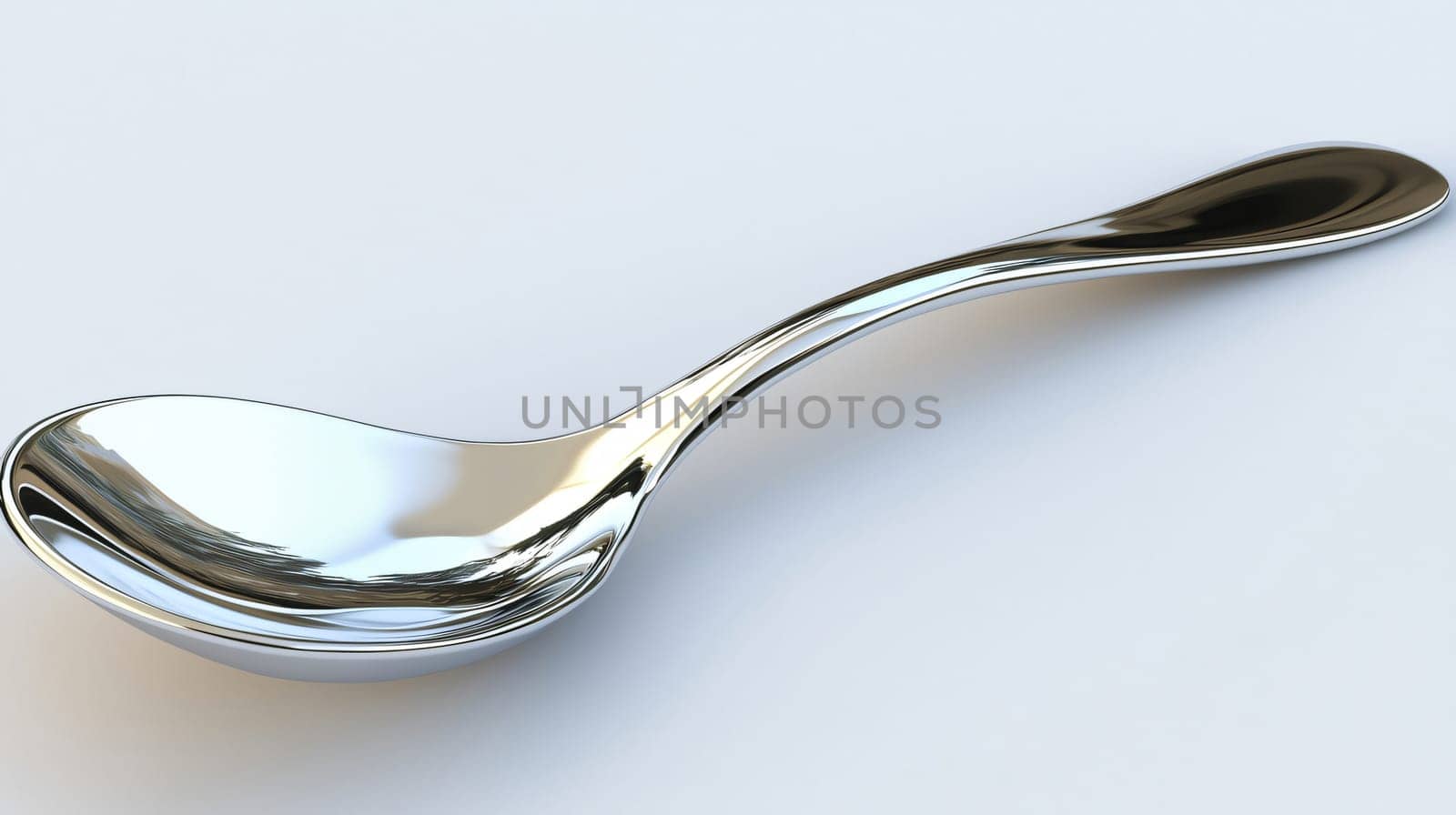 Single shiny silver spoon is lying on a white tablecloth, reflecting the surrounding environment