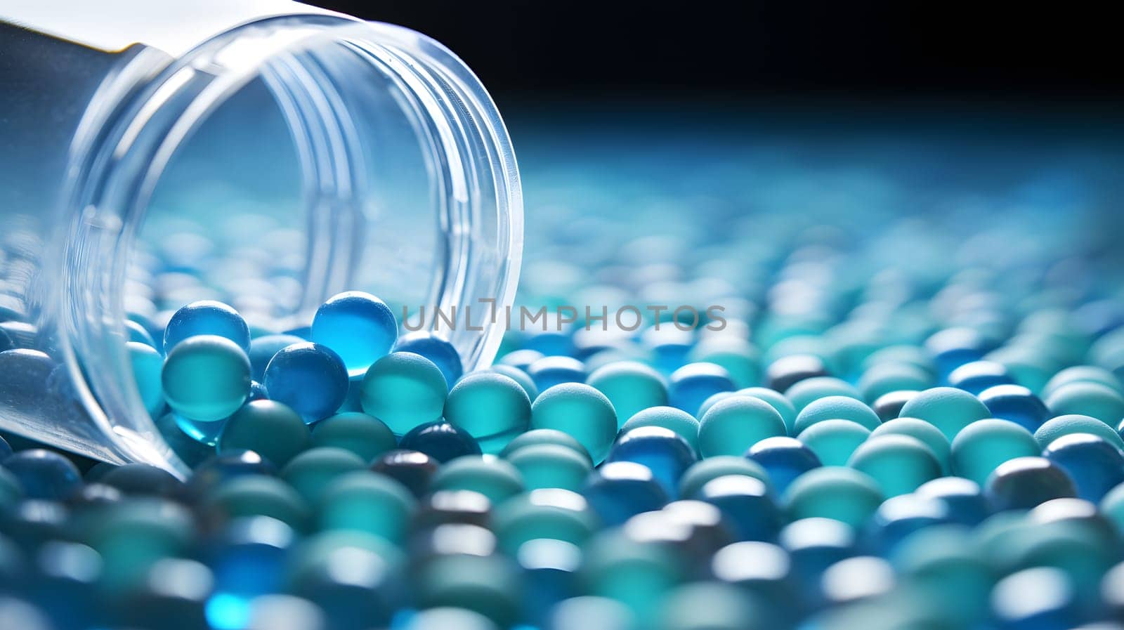 A bottle of azure liquid is being poured into a pile of electric blue marbles, creating a mesmerizing closeup display of blue hues