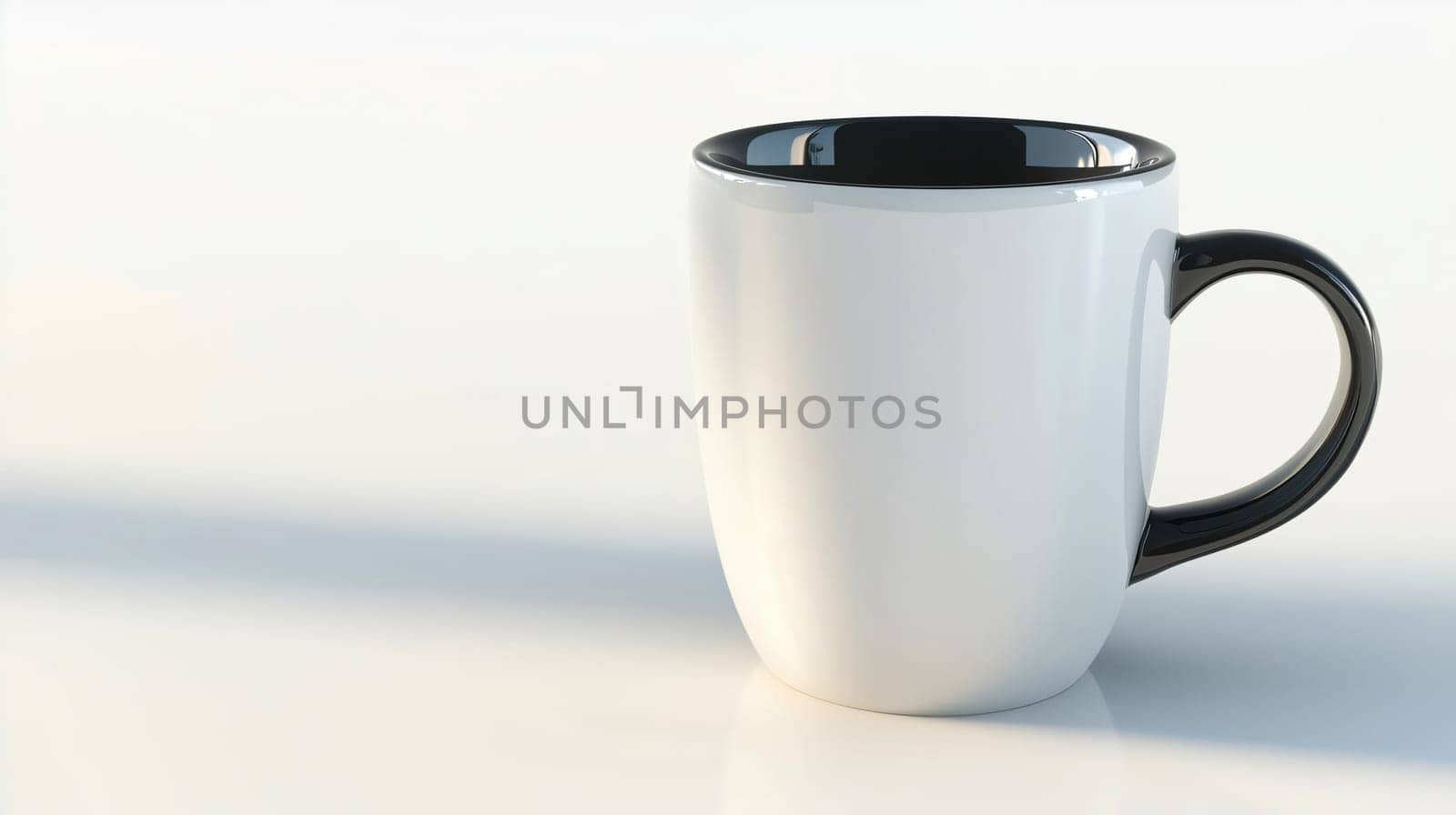 Simple white ceramic cup with a black handle is standing on a white desk in a very bright indoor setting