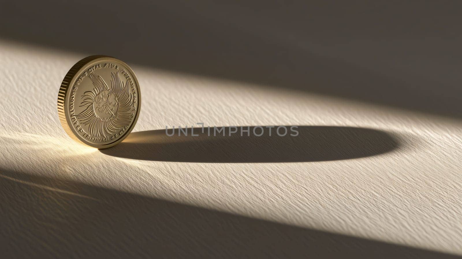 Single gold coin standing on its edge casting a long shadow on a white surface illuminated by a ray of light