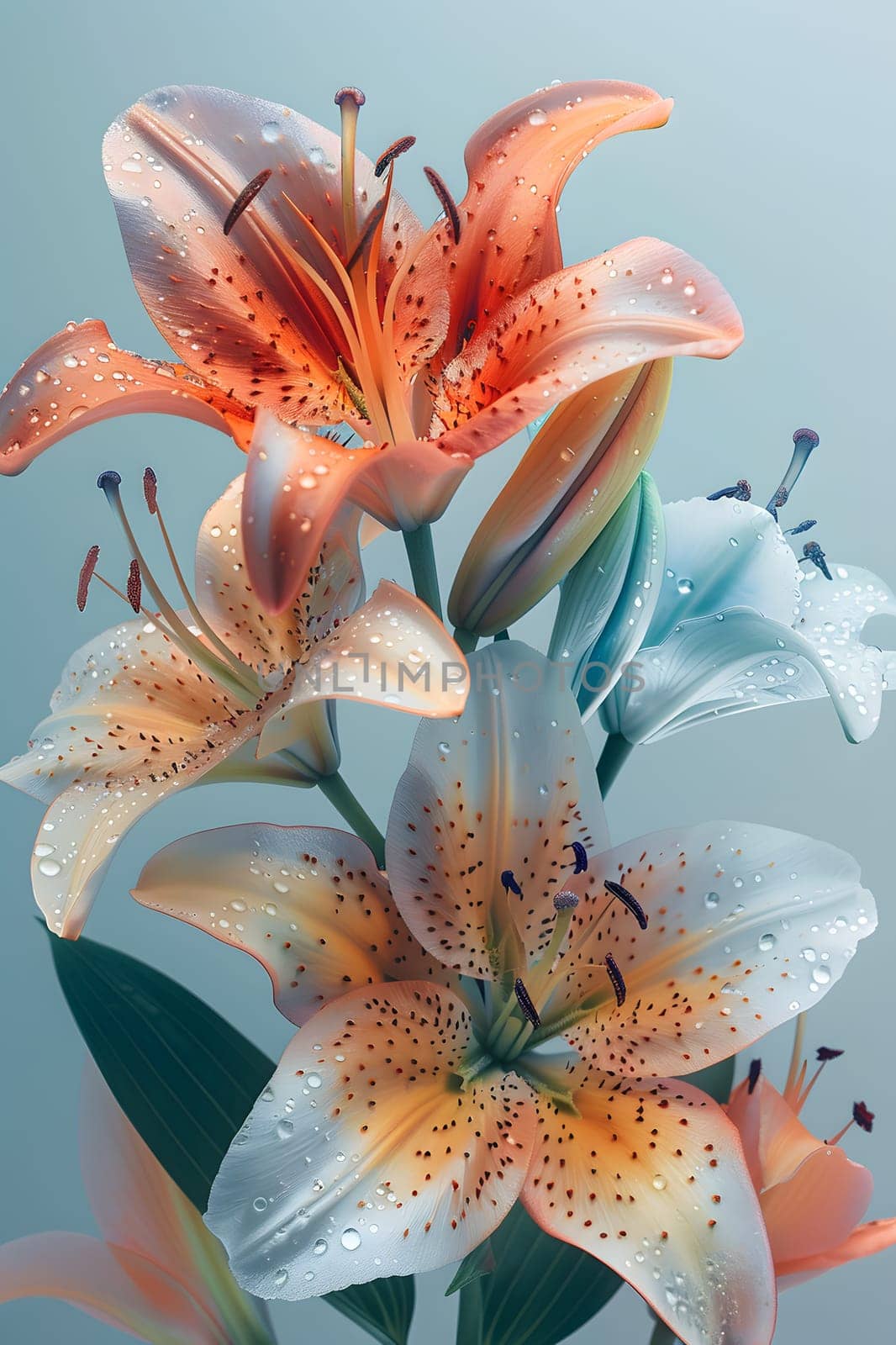 A close up shot capturing the beauty of water droplets on a bunch of flowers. The petals glisten in the sunlight, showcasing the intricate details of natures art