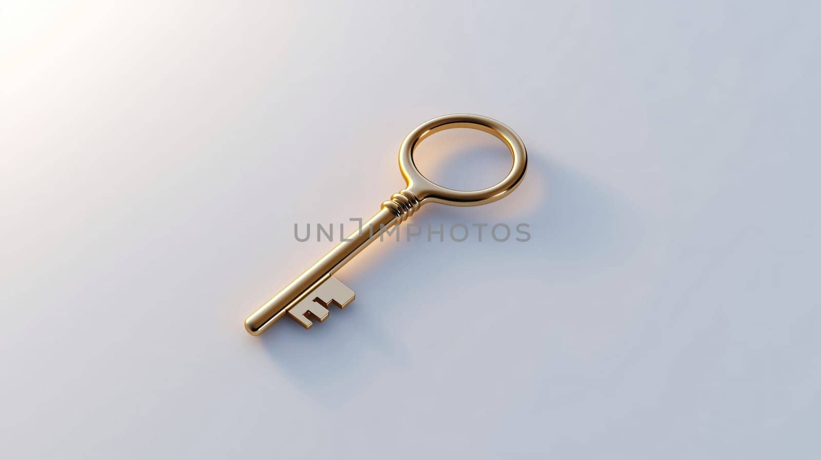 Single golden key is casting a shadow on a white surface with natural lighting