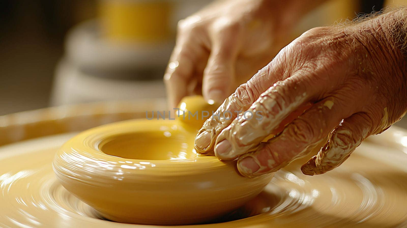 Potter is shaping a clay pot on a spinning pottery wheel using his fingers