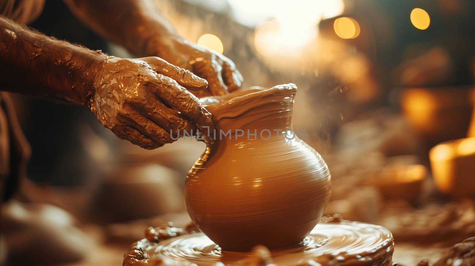 Potter is shaping a clay pot on a spinning wheel in a workshop, creating a beautiful and unique piece of art