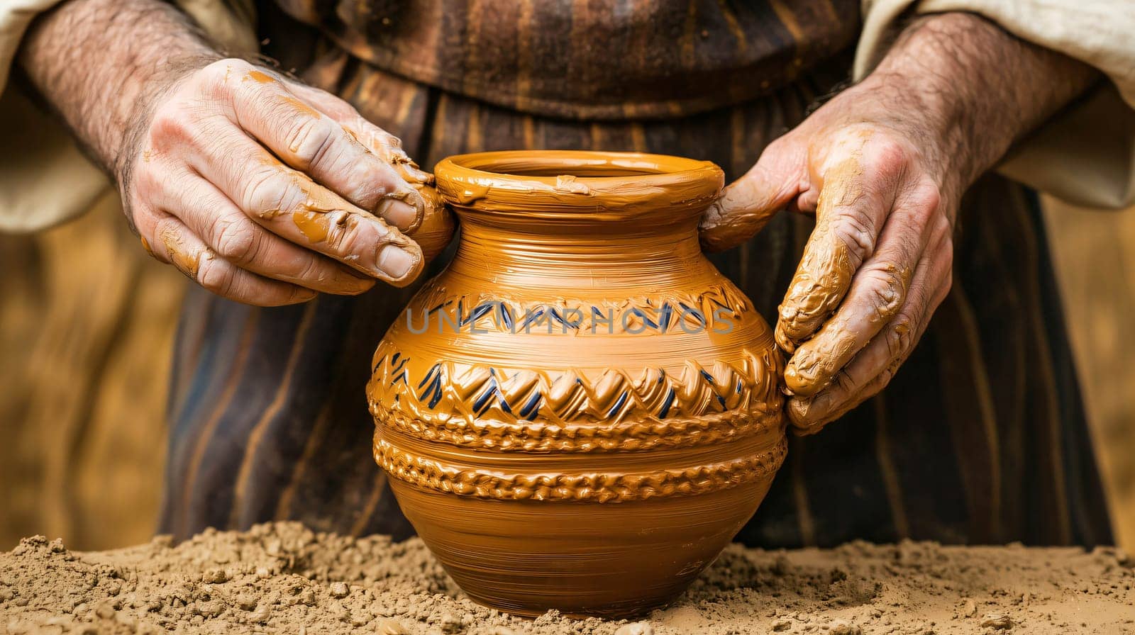 Potter is carefully shaping and decorating a traditional clay vase with his hands, showcasing the ancient craft of pottery
