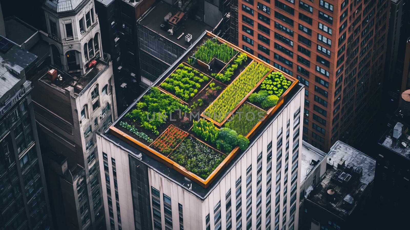 Urban garden is growing on a rooftop in the middle of a city center