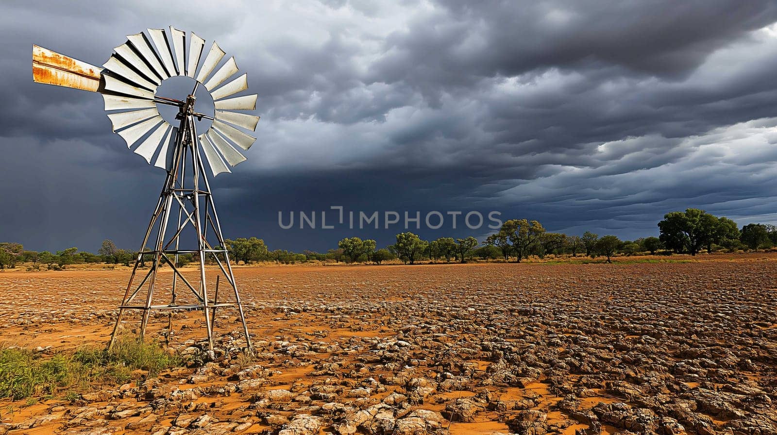 Old windmill is standing in dry cracked earth, with a stormy sky in the background