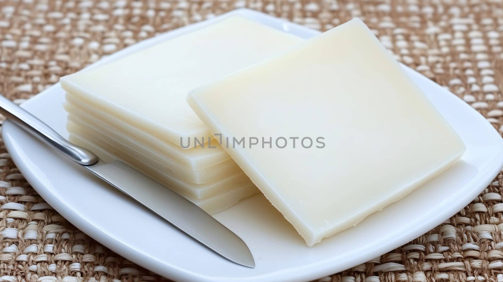 Stack of sliced cheddar cheese is arranged on a white plate with a butter knife