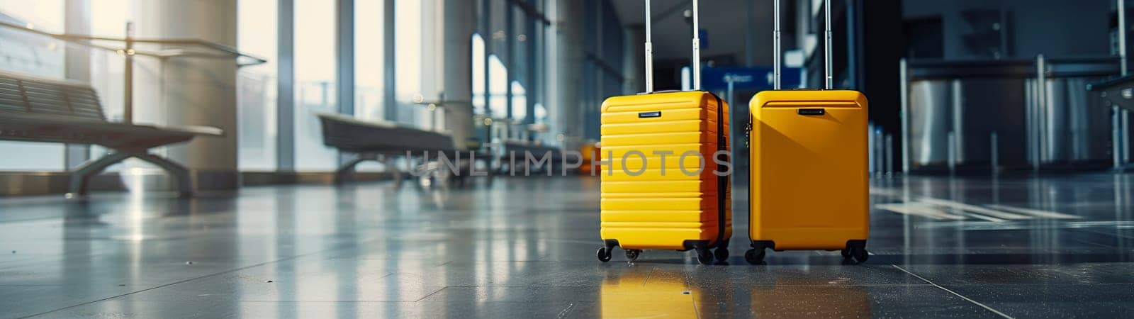 Two bright yellow suitcases are resting on the floor of a bustling airport terminal, waiting for their owners to return for them