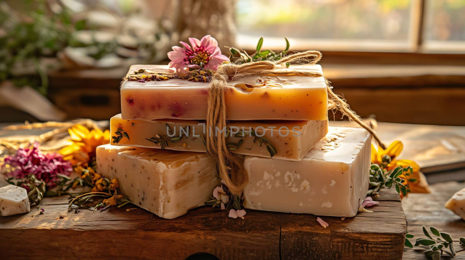 Stack of fragrant, colorful handmade soap bars is tied with twine and adorned with delicate flowers and herbs