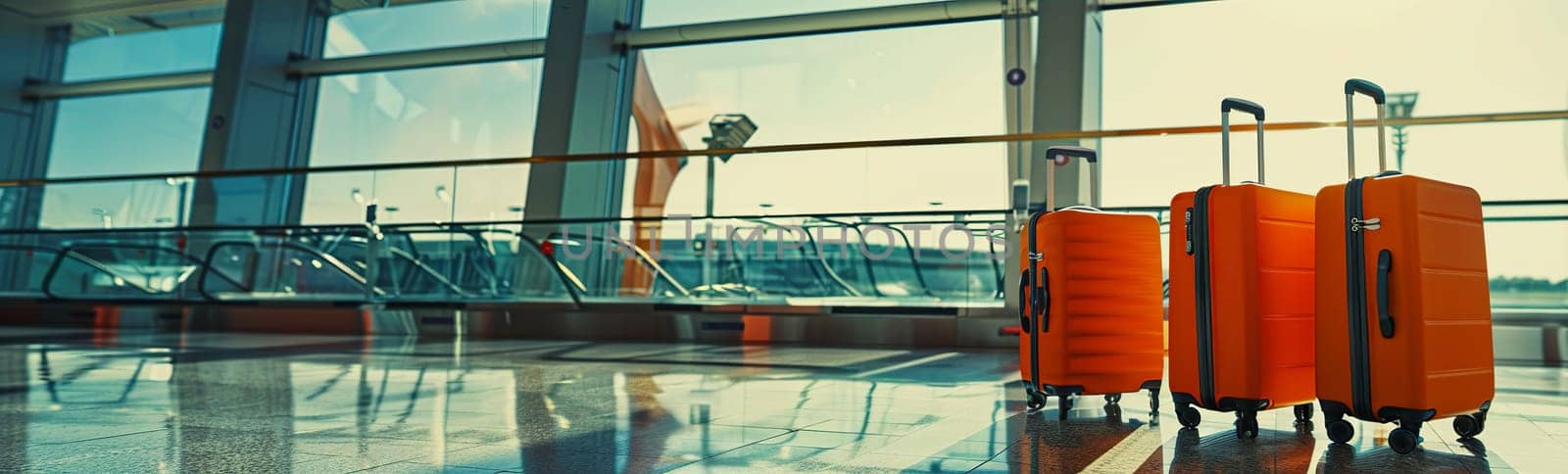Two bright yellow suitcases are resting on the floor of a bustling airport terminal, waiting for their owners to return for them