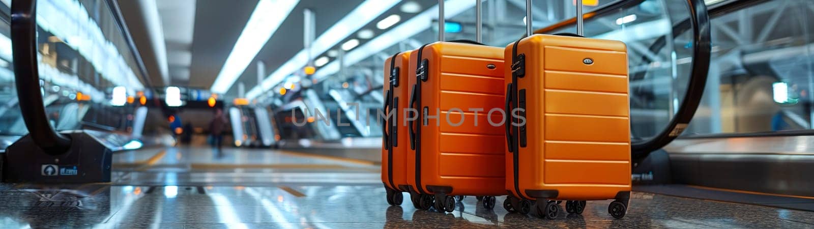 Two bright yellow suitcases are resting on the floor of a bustling airport terminal, waiting for their owners to return for them
