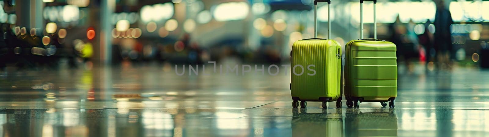 Two bright yellow suitcases are resting on the floor of a bustling airport terminal, waiting for their owners to return for them
