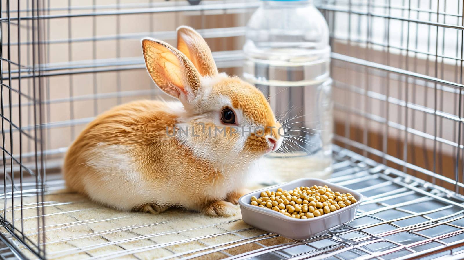 Fluffy red and white bunny resting in its cage with fresh water and food