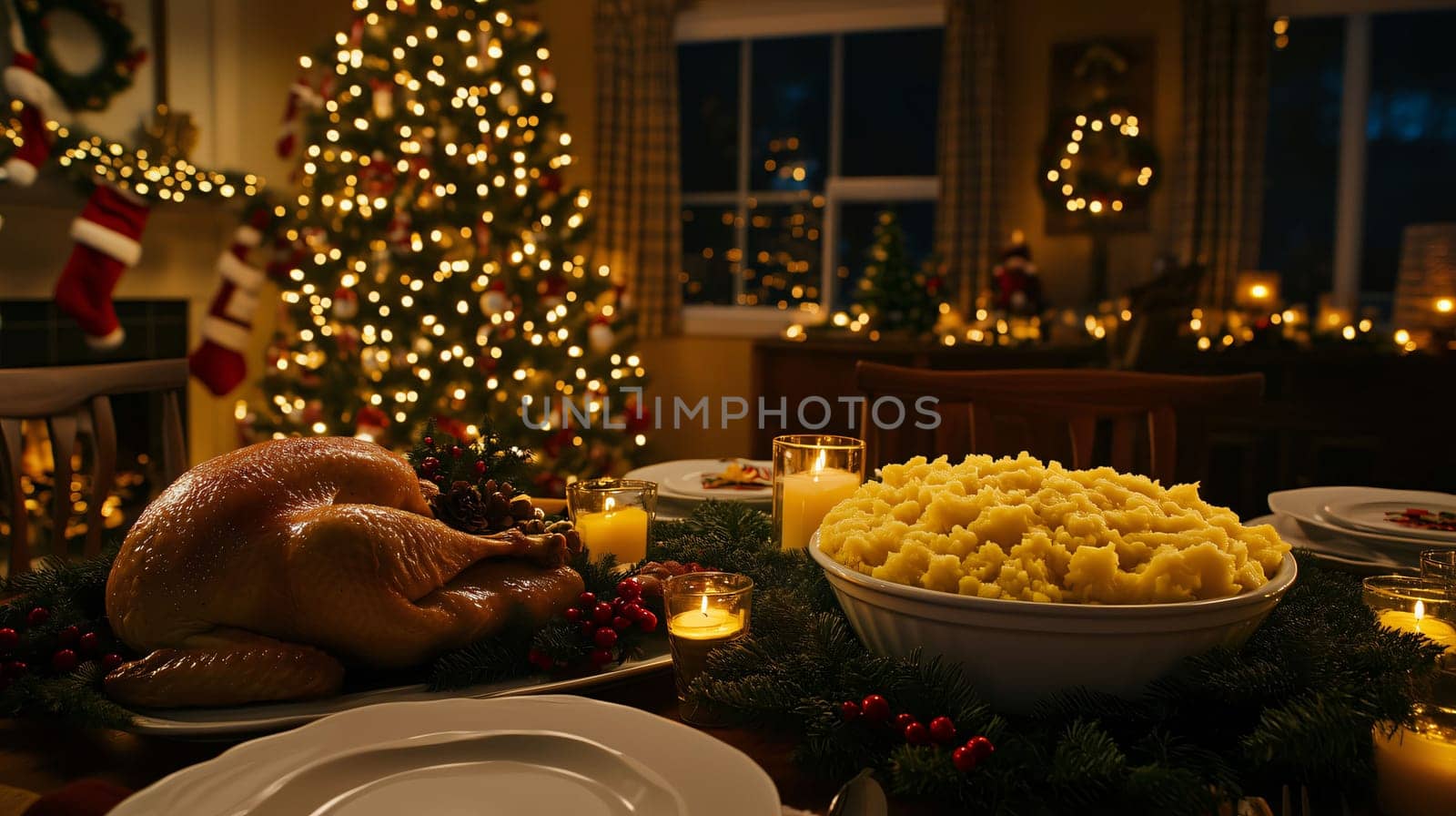 Festive table is set for christmas dinner with a roast turkey, mashed potatoes and candles