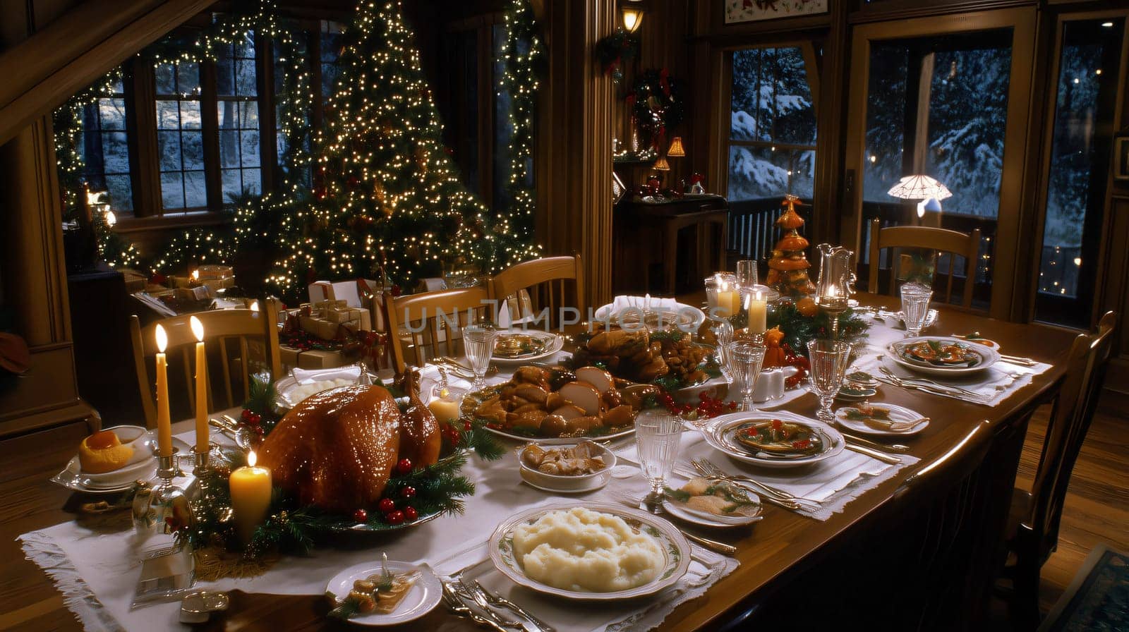 Festively set table awaits guests for christmas dinner with a roast turkey as the centerpiece