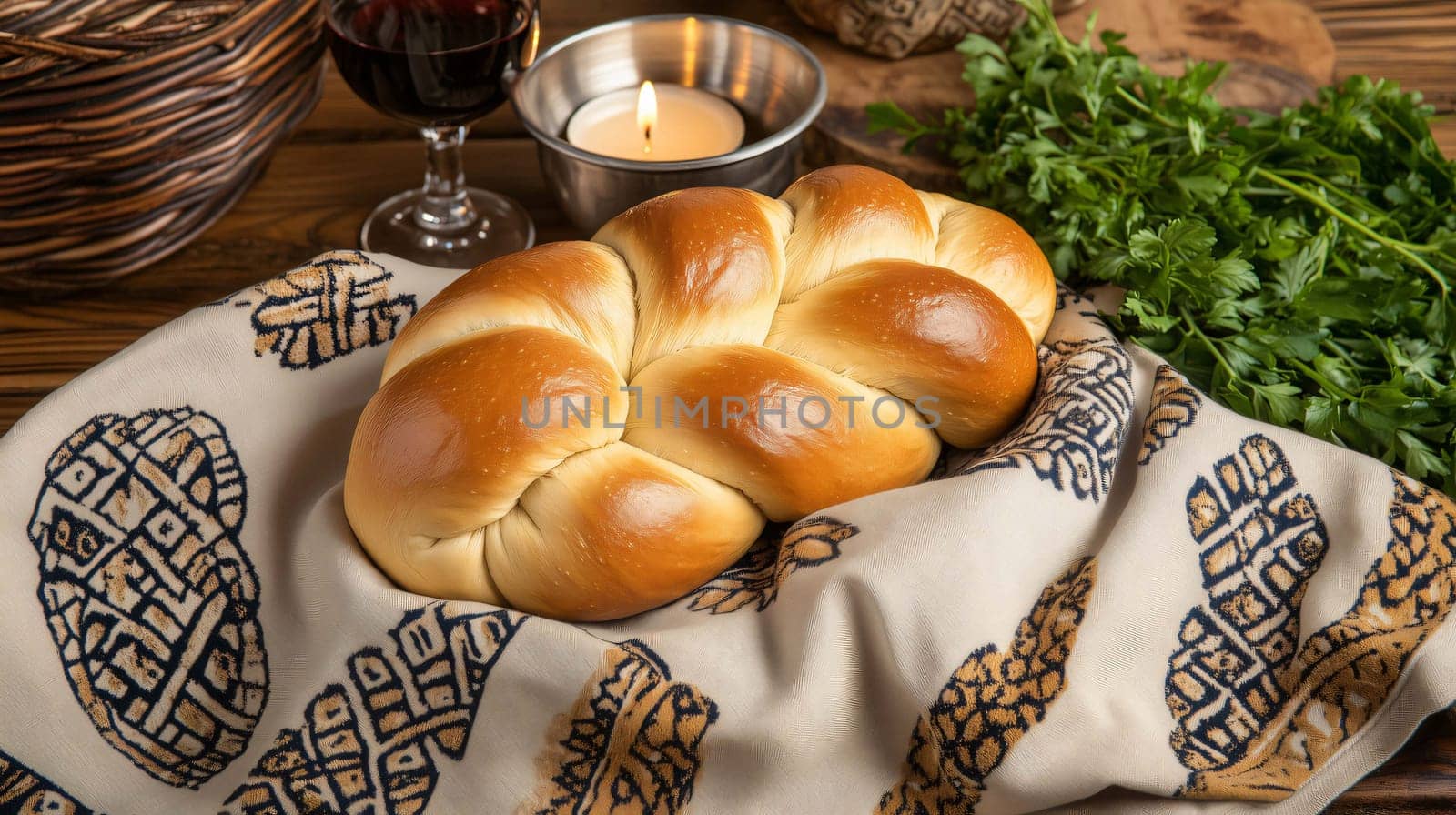 Braided challah bread loaf resting on a printed towel for shabbat dinner with wine and a lit candle in the background