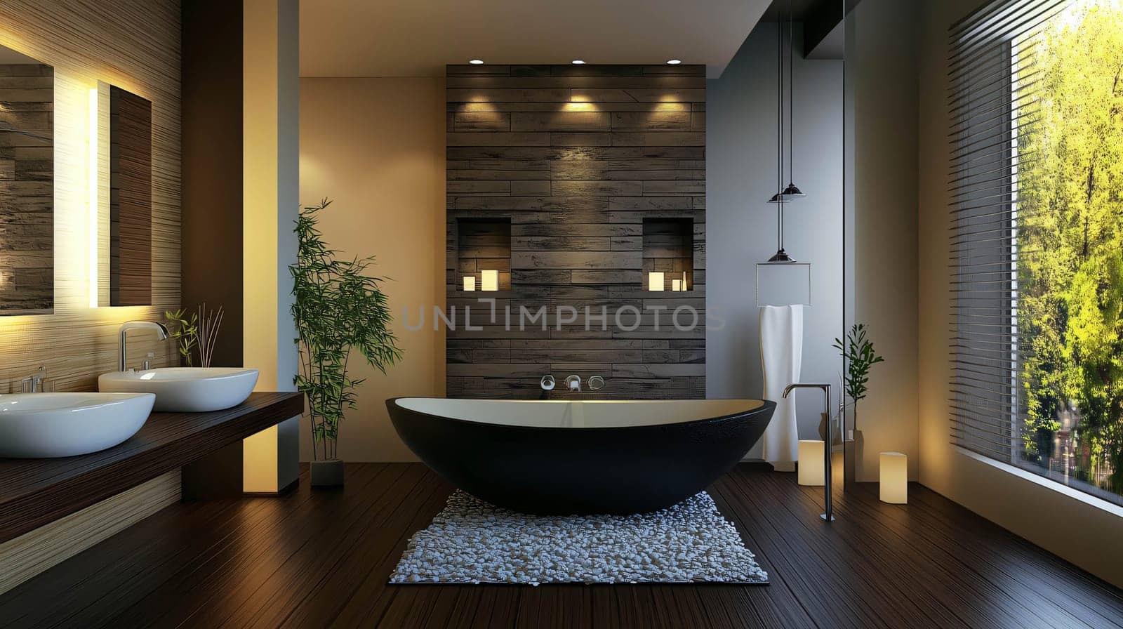 Modern bathroom design featuring a black bathtub, wooden walls and floors, and a large window with a view of nature