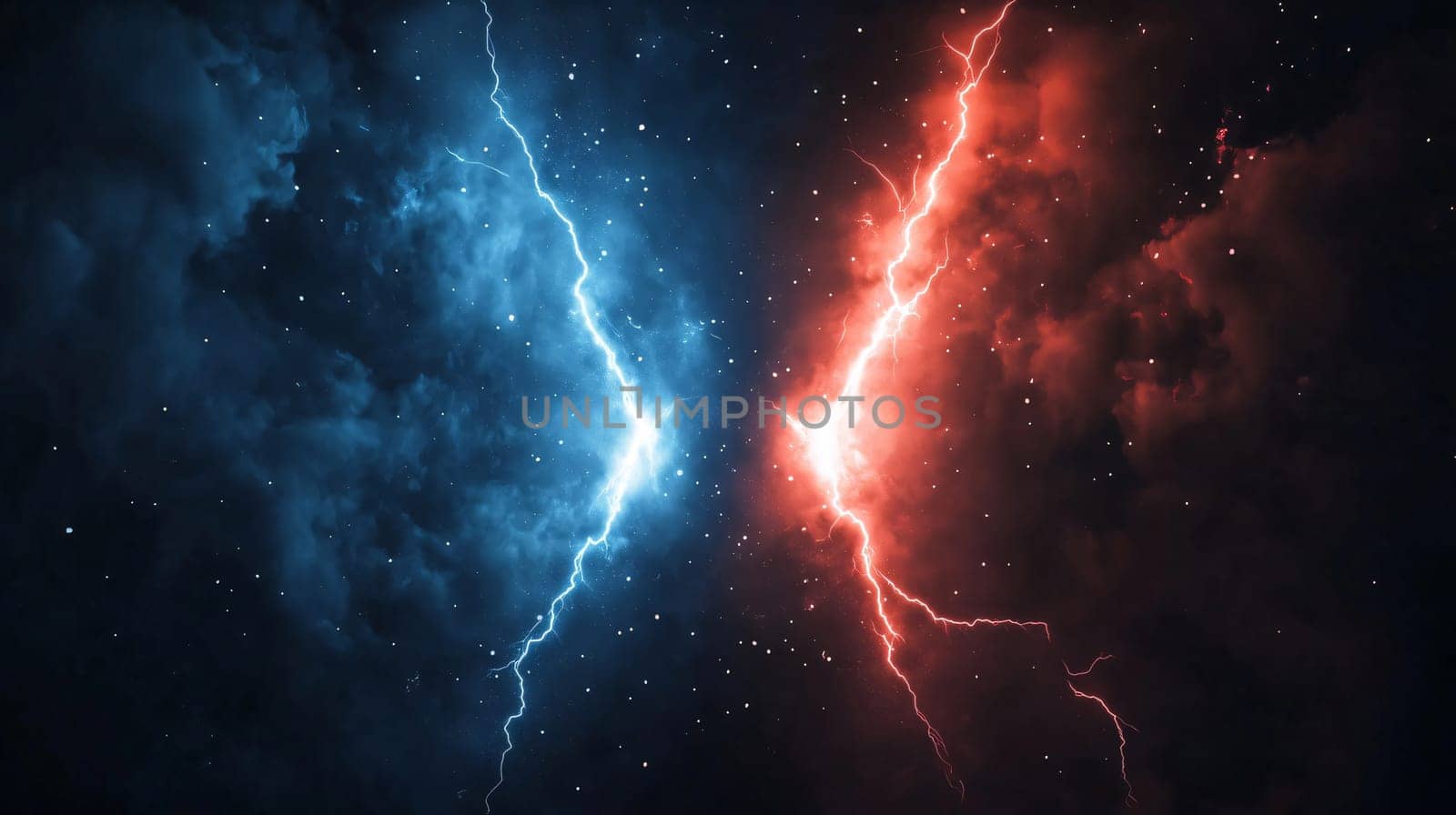 Two glowing shapes facing each other red and blue light energy background