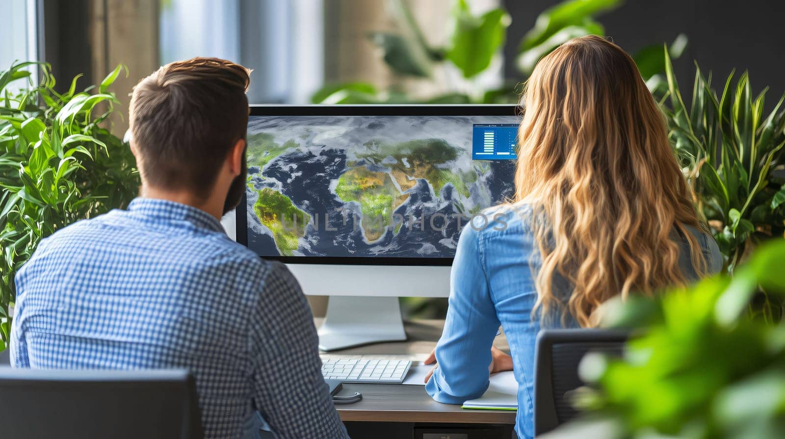 Two scientists are analyzing data from a satellite image of earth on a computer screen in their office