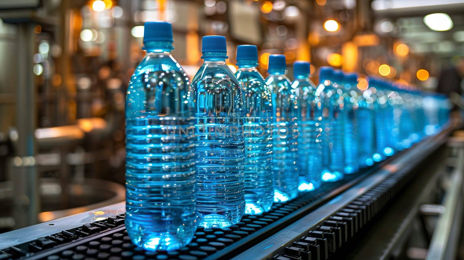 In a bustling factory, bottles of water are meticulously lined up in order on a conveyor belt, ready for distribution to customers