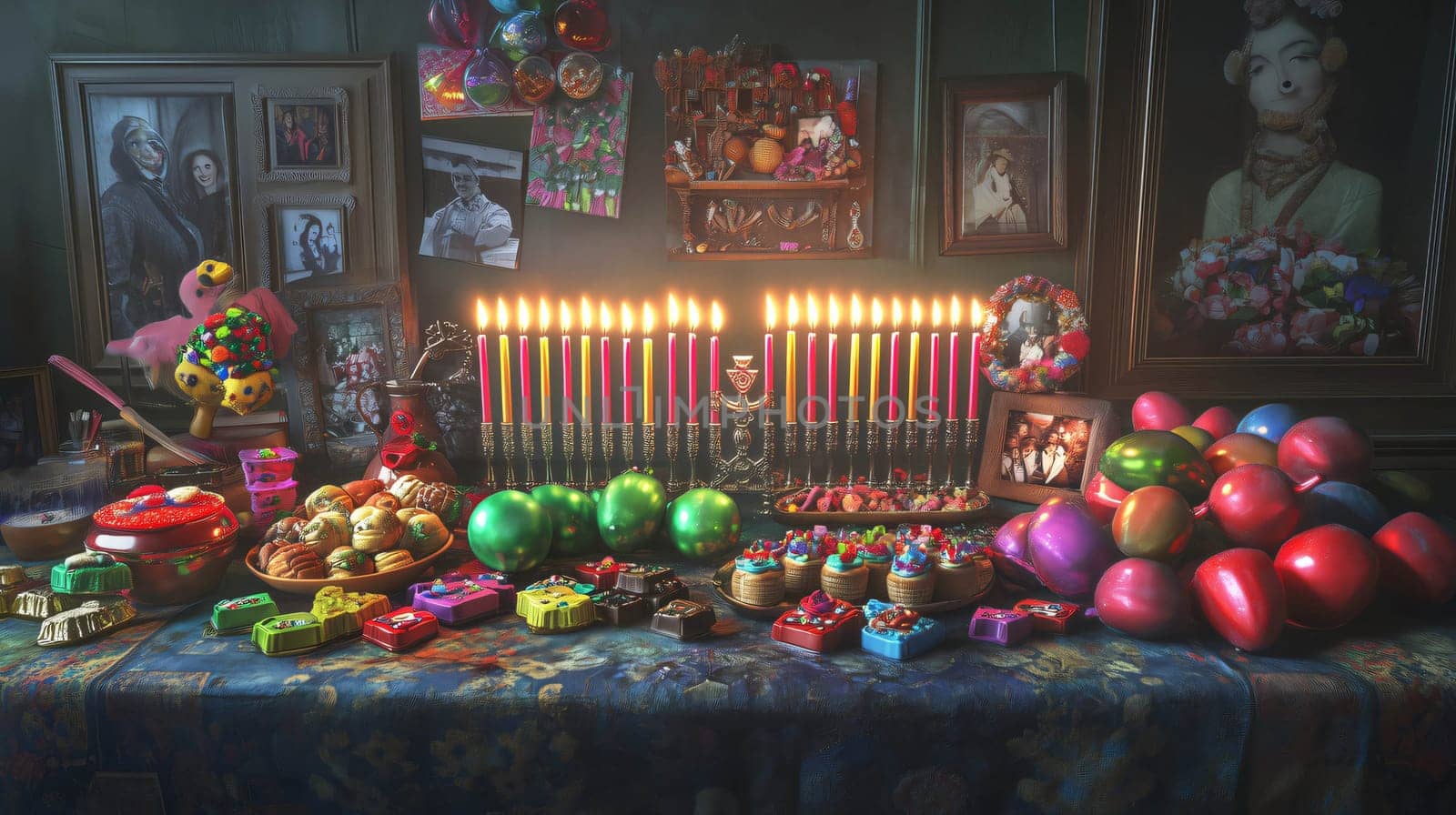 Hanukkah menorah with lit candles surrounded by festive decorations, sweets, balloons, and framed family photos