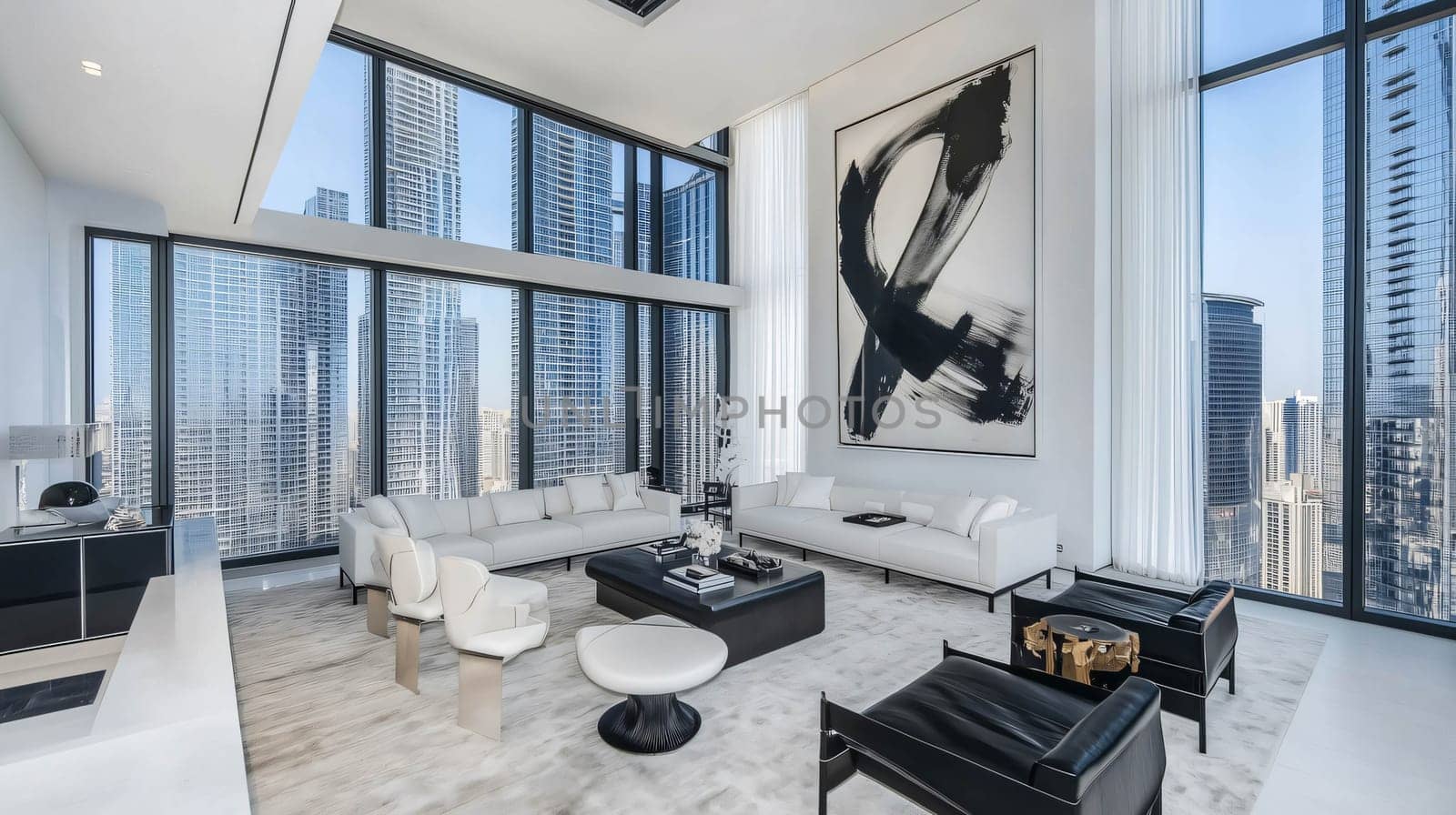 Modern and stylish living room with floor-to-ceiling windows offering breathtaking views of the city