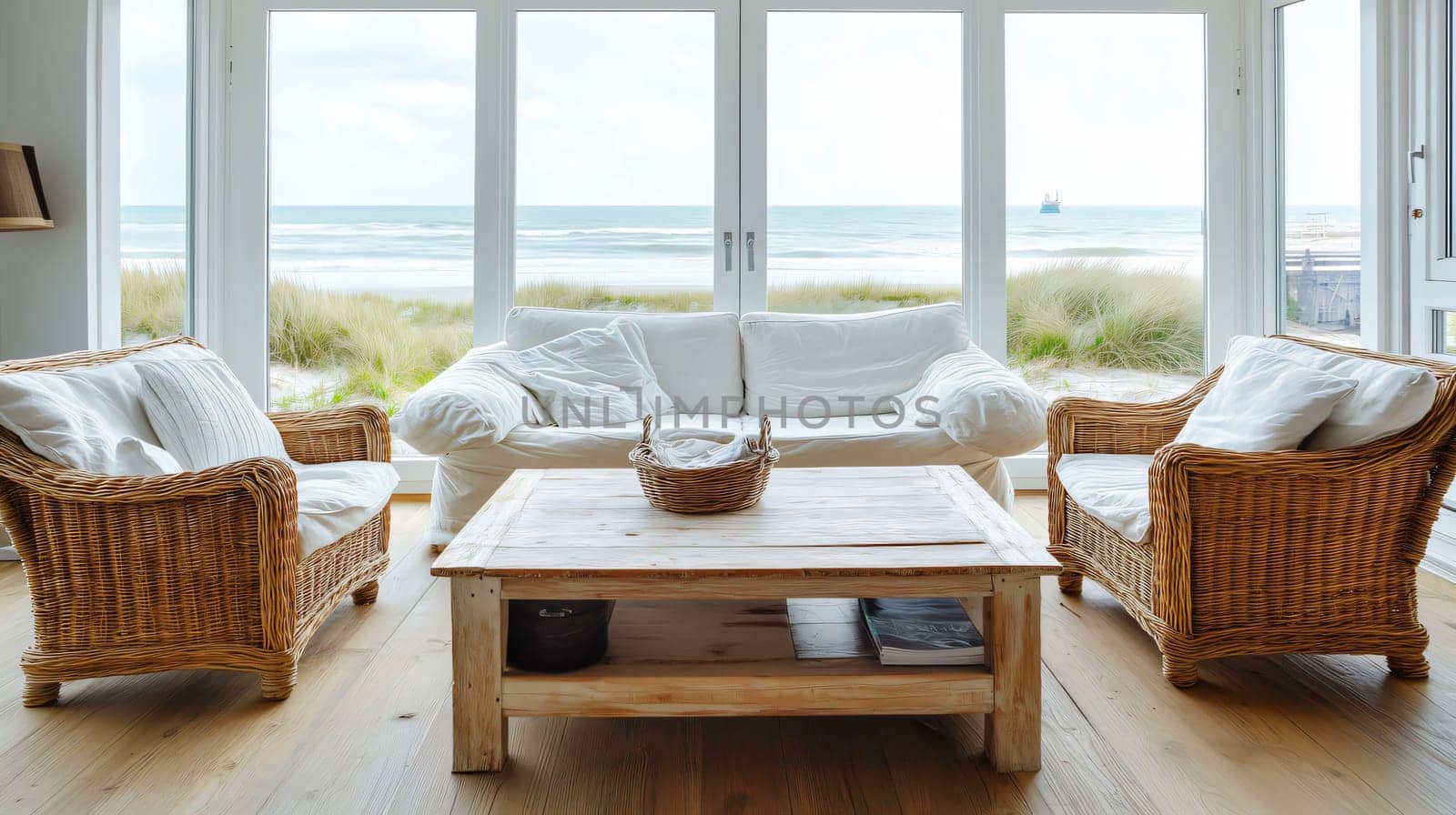 Bright living room with wicker furniture overlooking the sea on a sunny day