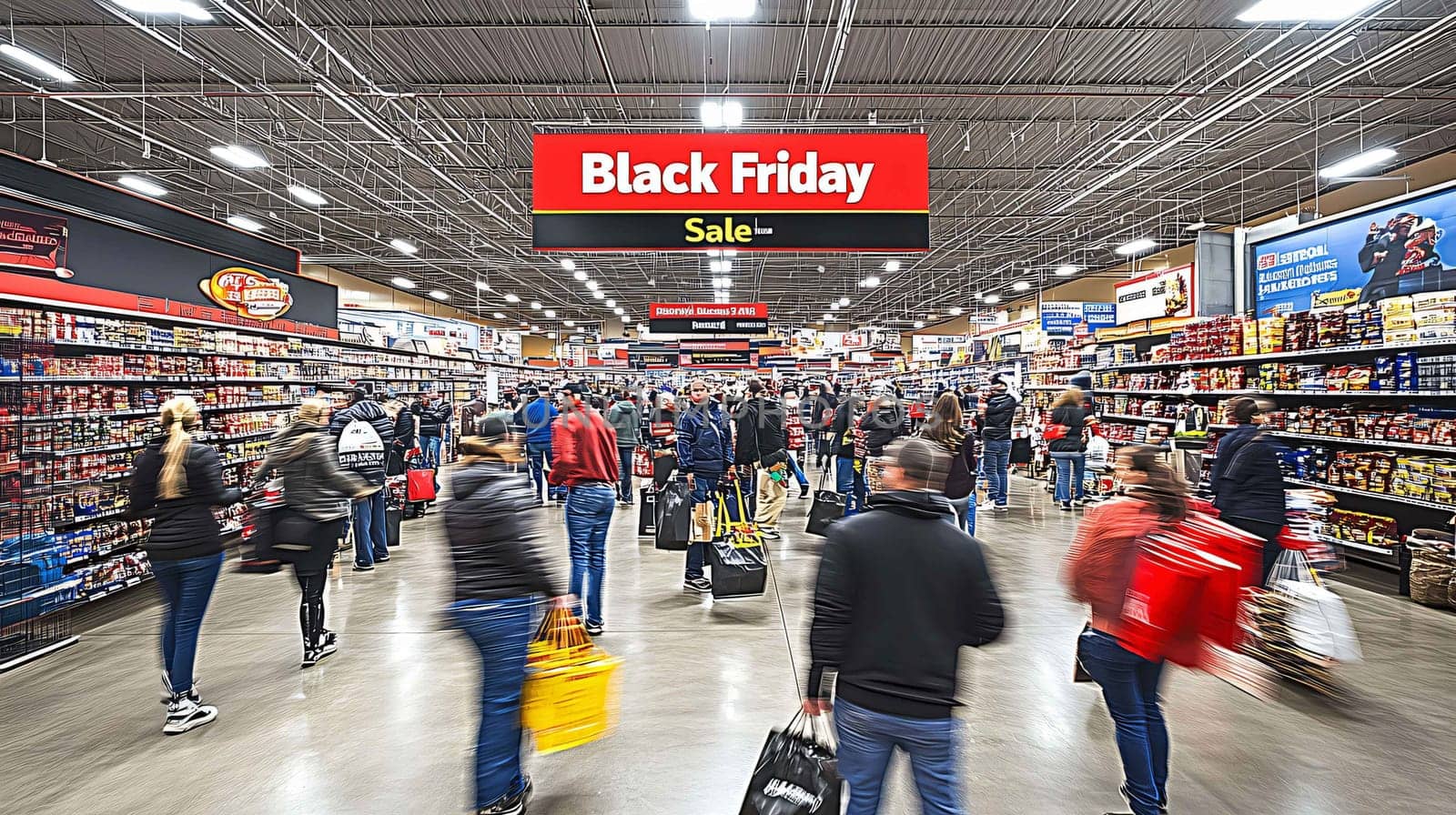 Customers are shopping for groceries during a black friday sale, with motion blur