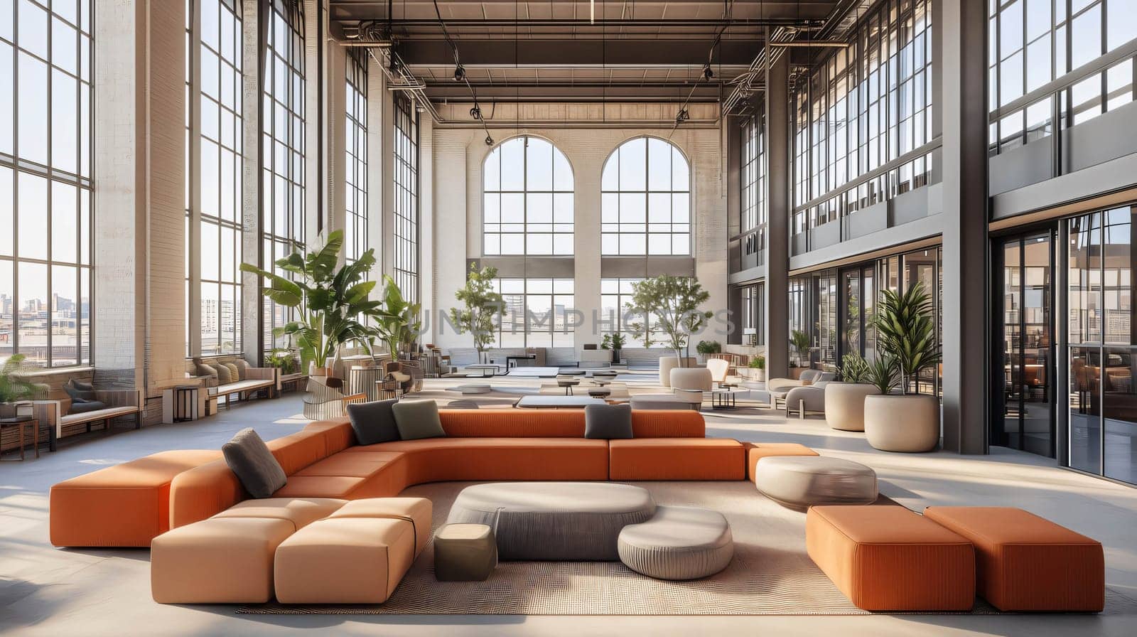 Sunlight is streaming through the large windows of this industrial modern open office space
