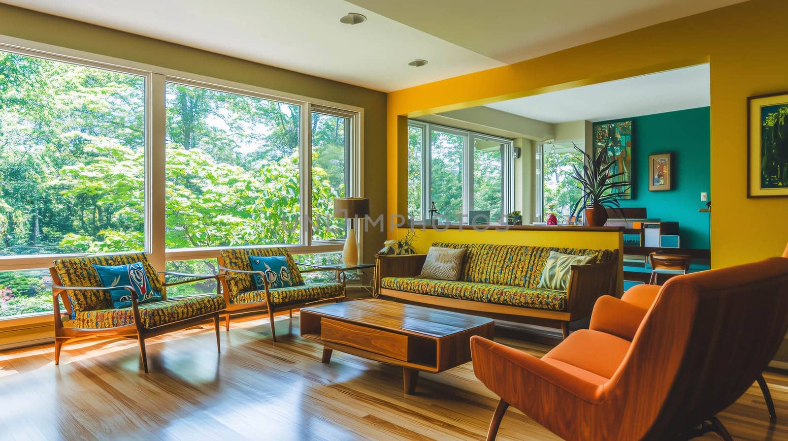 Bright mid century modern living room with a wall of large windows showing lush greenery