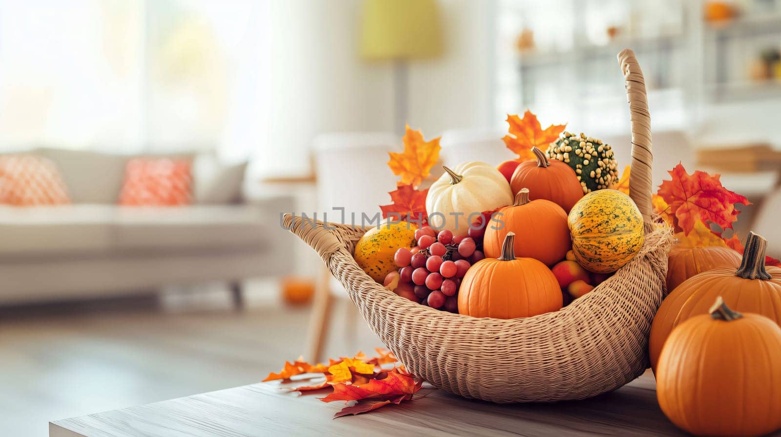 Wicker cornucopia overflowing with pumpkins, gourds, and grapes sits on a table, bringing the colors of autumn into a cozy living room