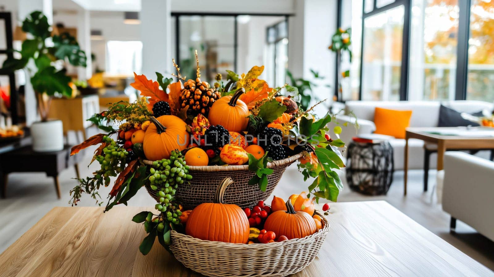 Beautiful autumn centerpiece is standing on a table, creating a cozy atmosphere in a modern apartment