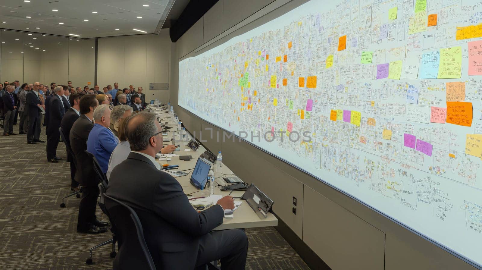 Business people are attending a meeting with a big project management board with sticky notes and writing