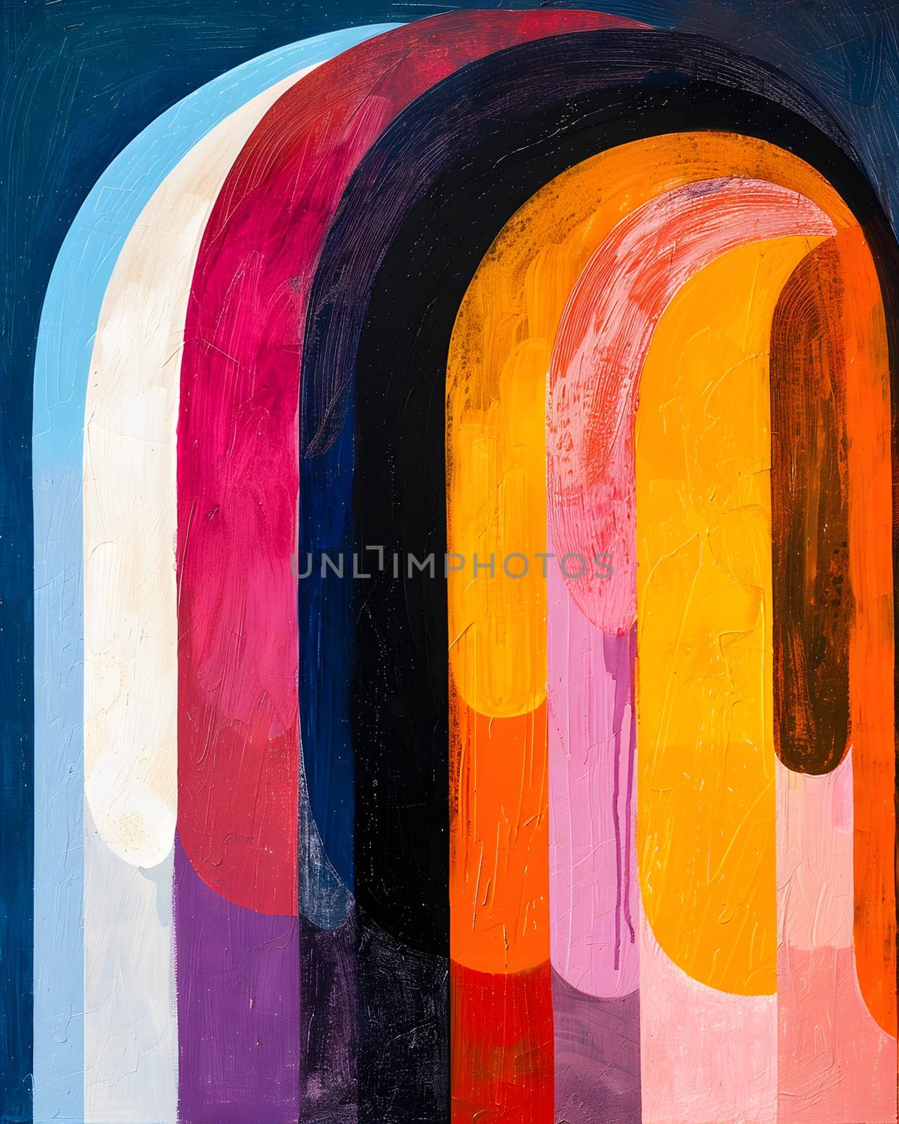 A vibrant painting featuring a rainbow of colors including pink, violet, and magenta on a serene blue background. A work of art that exudes colorfulness and creativity