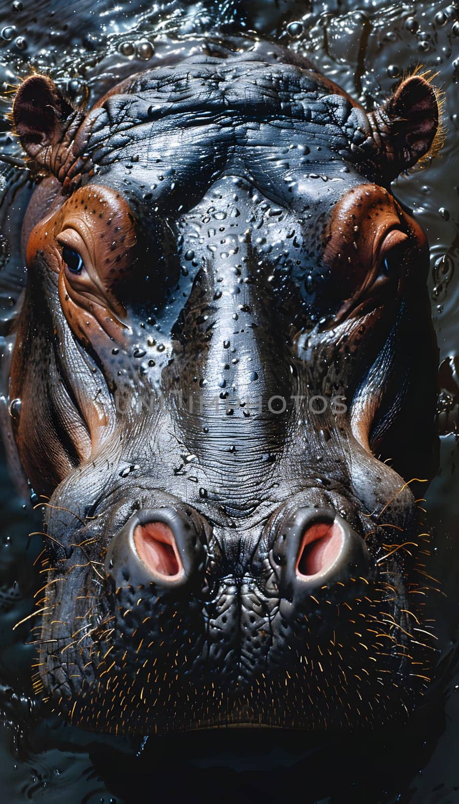A hippopotamus, a terrestrial animal, swims with its mouth open in the water, showcasing its massive whiskers. Unlike Felidae, hippos are not known for their patterned fur or snouts