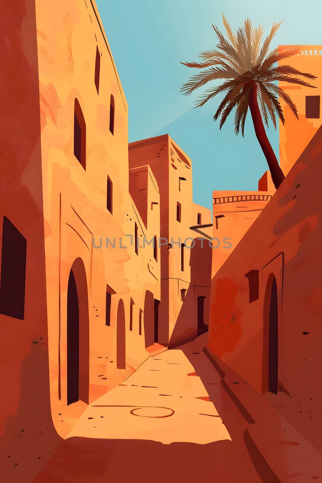 Scenic sunlit alleyway in a traditional desert village with palm trees.