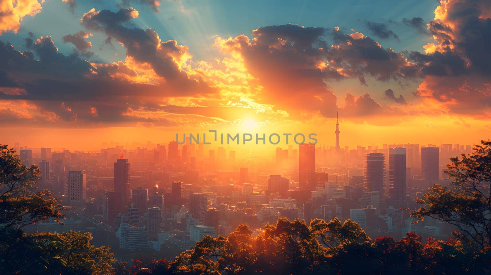 Stunning cityscape with sunset illuminating the skyline and dramatic clouds.
