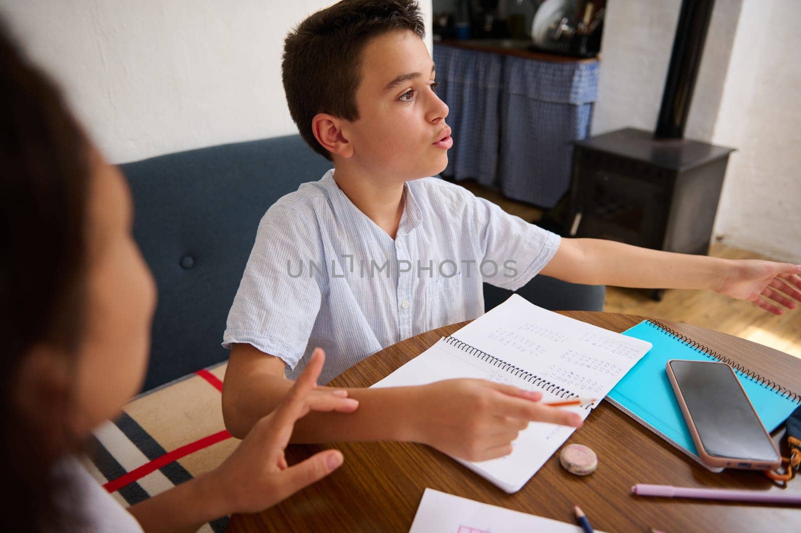 A boy passionately explains his work during a study session at home. He's seated at a table with notebooks, clearly focused and immersed in the learning process.