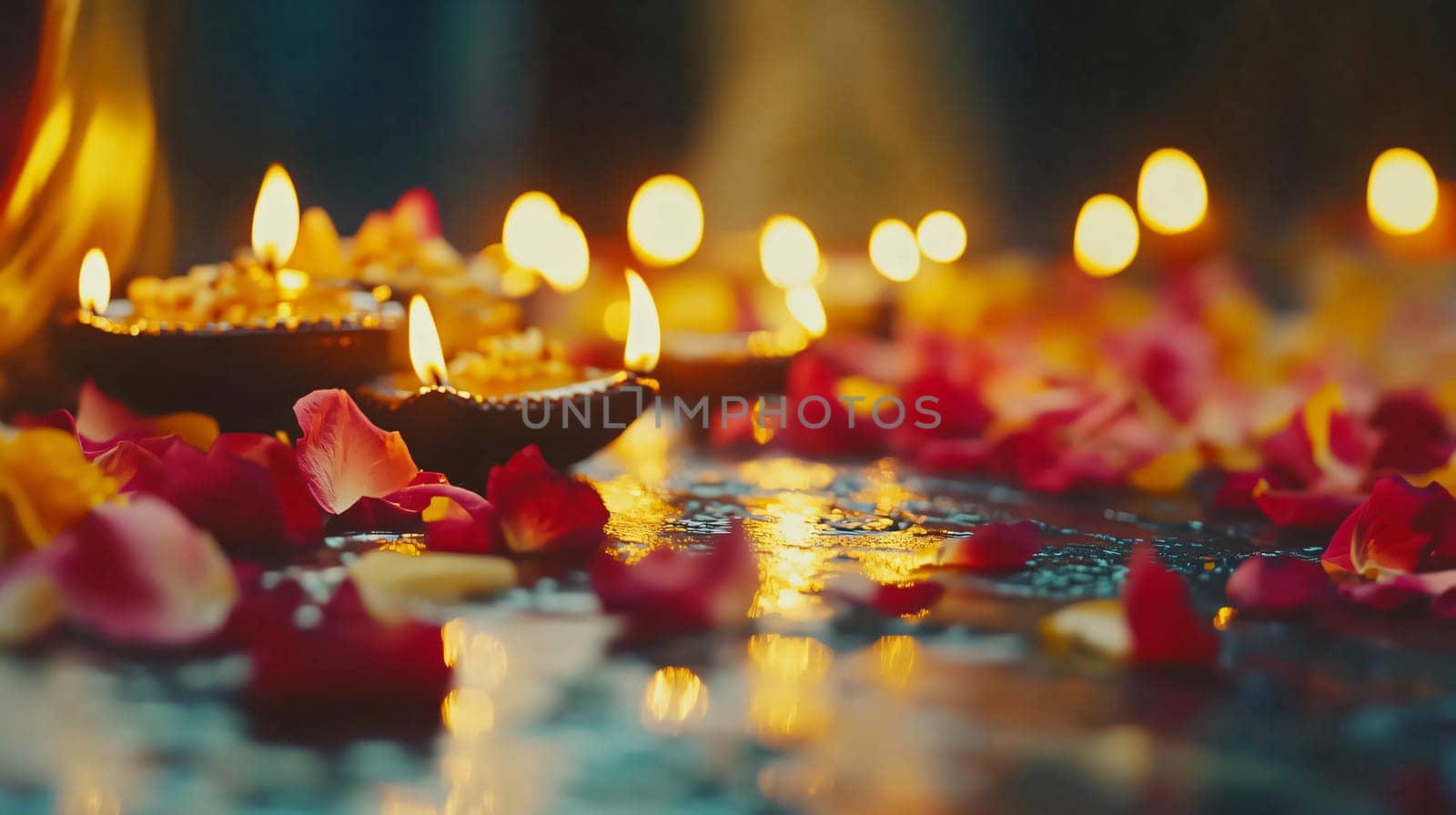 Traditional diwali clay lamps are burning among rose petals creating a warm atmosphere