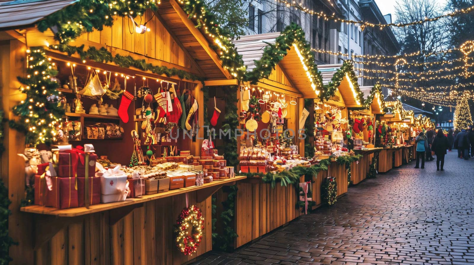 Traditional european christmas market at dusk with shoppers browsing decorated stalls