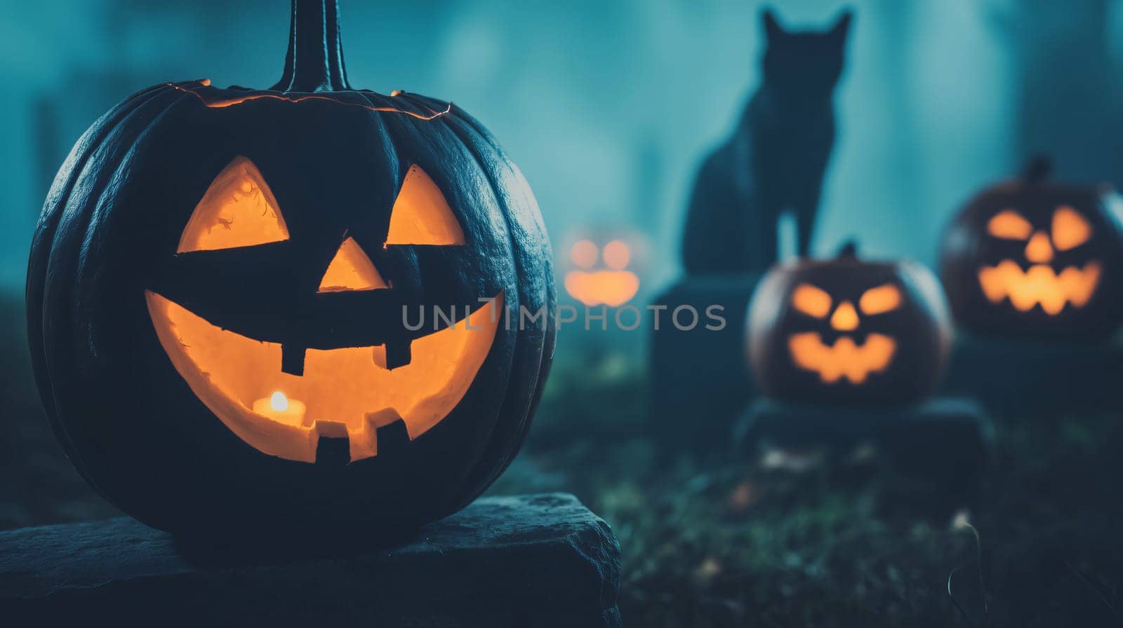 Halloween pumpkin glowing in the dark with black cat sitting in the background