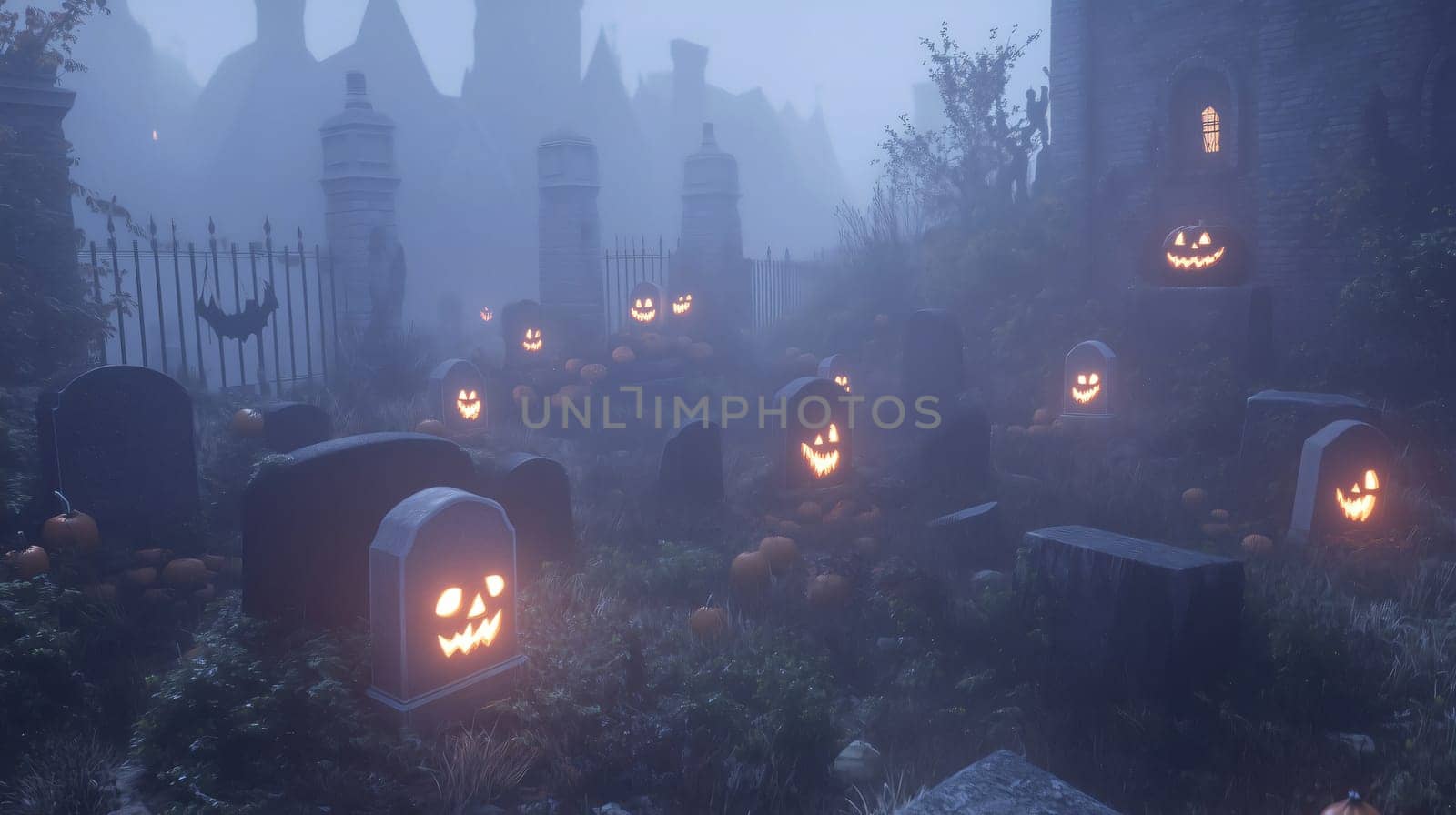 Jack-o'-lanterns are glowing on the tombstones of a misty graveyard in the evening near a spooky castle
