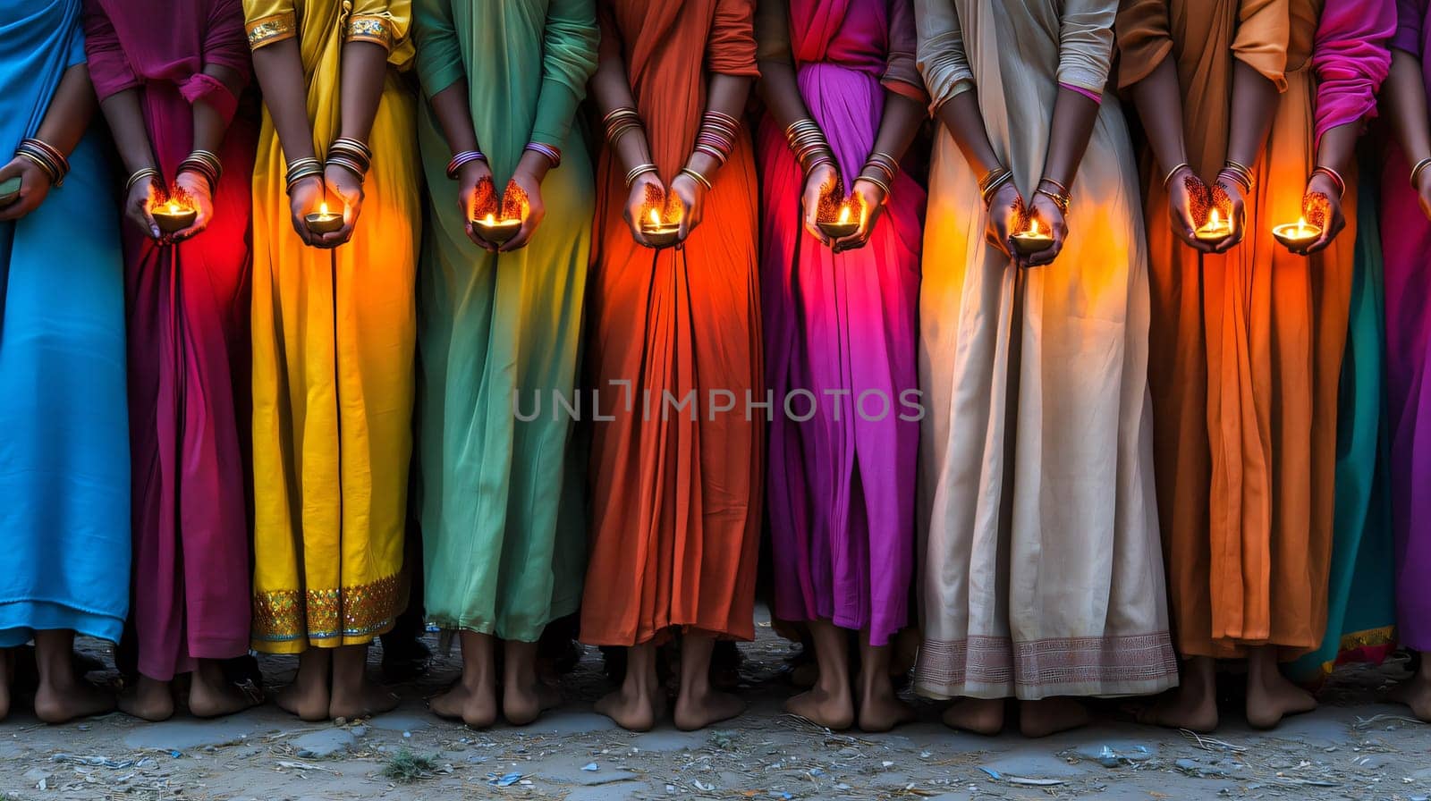 Group of indian women are standing side by side, each holding a traditional oil lamp, likely celebrating the festival of diwali