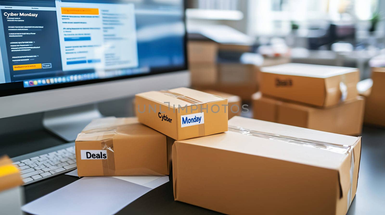 Cardboard boxes labeled cyber monday are stacked on a desk with a computer showing the cyber monday deals website in the background