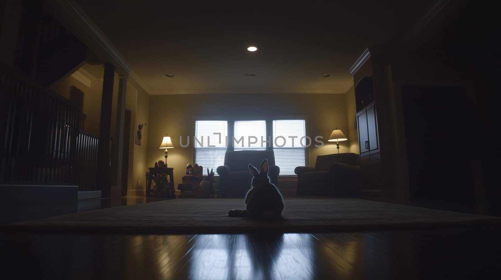 Bunny rabbit is illuminated by natural light coming through the windows of a dark living room